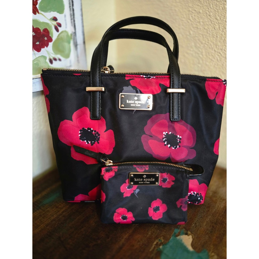 Kate Spade New York Black Red Poppy Floral Nylon Mini Tote and Coin Pouch Set